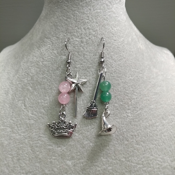Witch Mismatched Earrings Rose Quartz Aventurine Natural Gemstone StainlessSteel - Picture 5 of 11